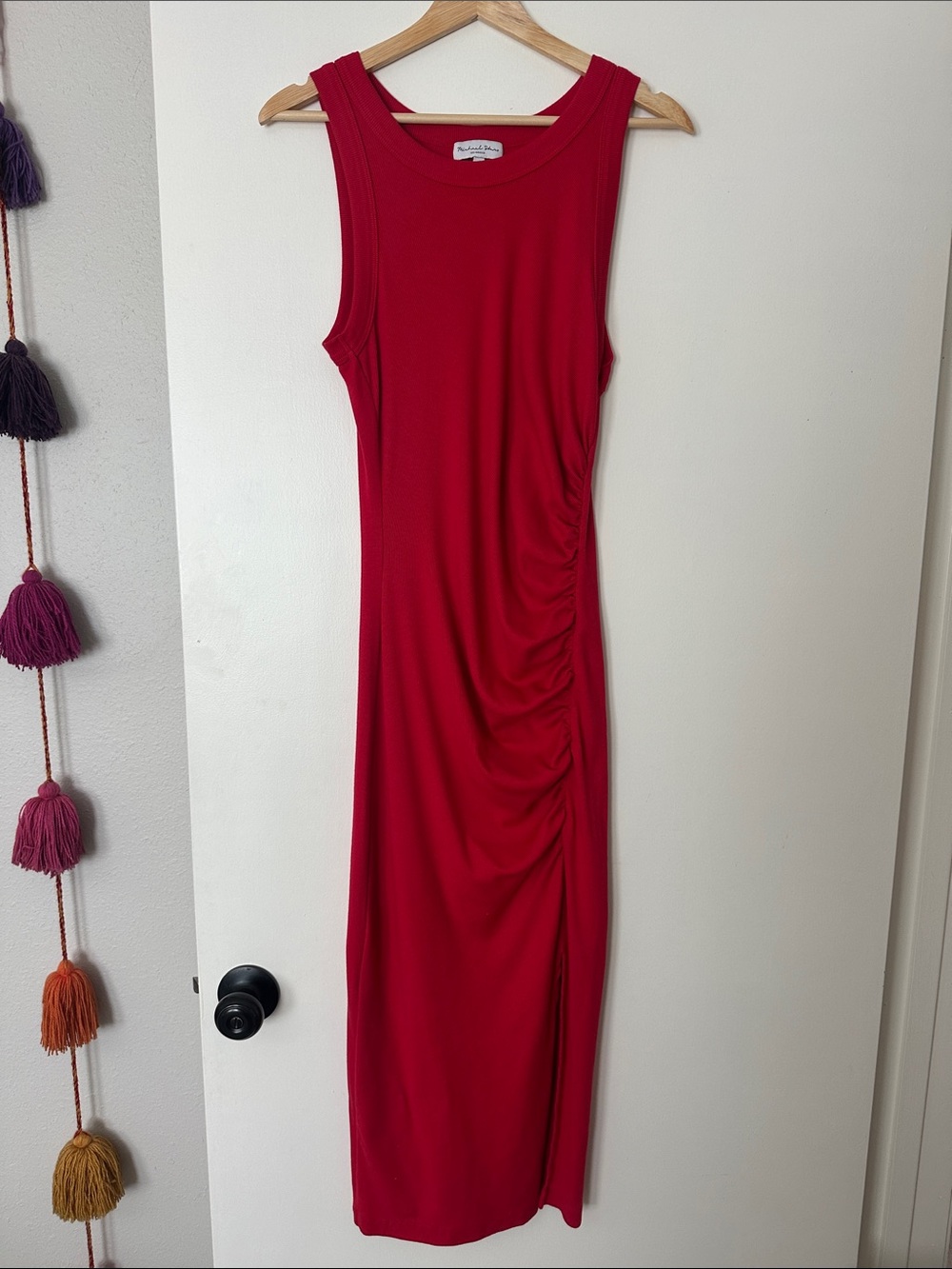 Michael Stars Red Ribbed Tank Maxi Dress w/ Ruching and Side Slit